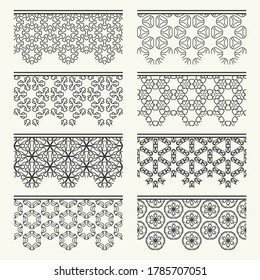 Set of black seamless borders, line patterns. Tribal ethnic arabic, indian decorative ornaments, fashion lace collection. Isolated design elements for headline, banners, wedding invitation cards