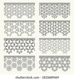 Satz von schwarzen, nahtlosen Rändern, Zeilenmustern. Ethnische arabische Stämme, indische Ziergegenstände, Modespitzensammlung. Einzige Design-Elemente für Schlagzeilen, Banner, Einladungskarten für Hochzeiten