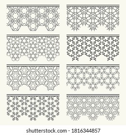 Set of black seamless borders, line patterns. Tribal ethnic arabic, indian decorative ornaments, fashion lace collection. Isolated design elements for headline, banners, wedding invitation cards