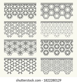 Set of black seamless borders, line patterns. Tribal ethnic arabic, indian decorative ornaments, fashion lace collection. Isolated design elements for headline, banners, wedding invitation cards