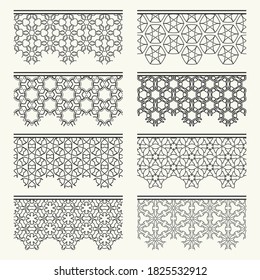 Set of black seamless borders, line patterns. Tribal ethnic arabic, indian decorative ornaments, fashion lace collection. Isolated design elements for headline, banners, wedding invitation cards