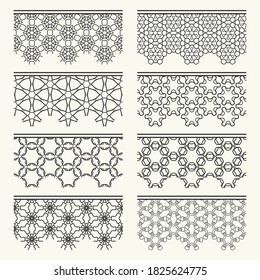Set of black seamless borders, line patterns. Tribal ethnic arabic, indian decorative ornaments, fashion lace collection. Isolated design elements for headline, banners, wedding invitation cards