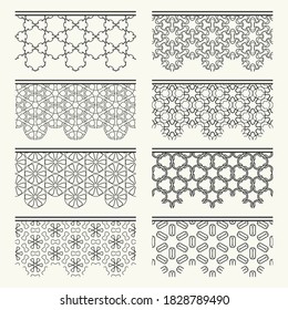 Set of black seamless borders, line patterns. Tribal ethnic arabic, indian decorative ornaments, fashion lace collection. Isolated design elements for headline, banners, wedding invitation cards