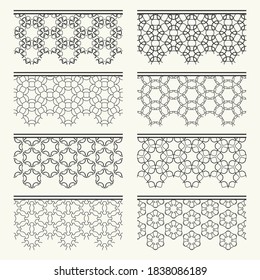 Set of black seamless borders, line patterns. Tribal ethnic arabic, indian decorative ornaments, fashion lace collection. Isolated design elements for headline, banners, wedding invitation cards
