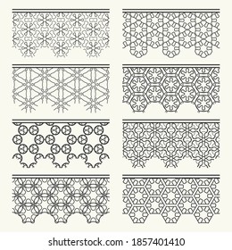 Set of black seamless borders, line patterns. Tribal ethnic arabic, indian decorative ornaments, fashion lace collection. Isolated design elements for headline, banners, wedding invitation cards