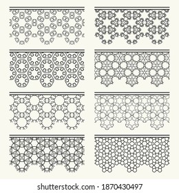 Set of black seamless borders, line patterns. Tribal ethnic arabic, indian decorative ornaments, fashion lace collection. Isolated design elements for headline, banners, wedding invitation cards