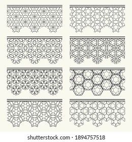 Set of black seamless borders, line patterns. Tribal ethnic arabic, indian decorative ornaments, fashion lace collection. Isolated design elements for headline, banners, wedding invitation cards