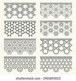 Set of black seamless borders, line patterns. Tribal ethnic arabic, indian decorative ornaments, fashion lace collection. Isolated design elements for headline, banners, wedding invitation cards