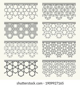 Set of black seamless borders, line patterns. Tribal ethnic arabic, indian decorative ornaments, fashion lace collection. Isolated design elements for headline, banners, wedding invitation cards