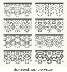 Set of black seamless borders, line patterns. Tribal ethnic arabic, indian decorative ornaments, fashion lace collection. Isolated design elements for headline, banners, wedding invitation cards