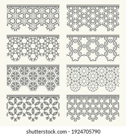 Set of black seamless borders, line patterns. Tribal ethnic arabic, indian decorative ornaments, fashion lace collection. Isolated design elements for headline, banners, wedding invitation cards