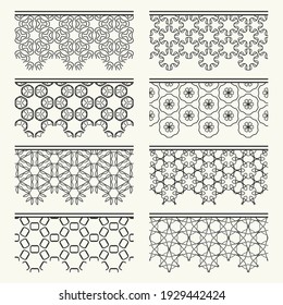 Set of black seamless borders, line patterns. Tribal ethnic arabic, indian decorative ornaments, fashion lace collection. Isolated design elements for headline, banners, wedding invitation cards
