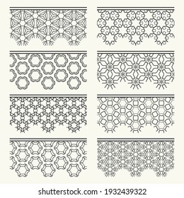 Set of black seamless borders, line patterns. Tribal ethnic arabic, indian decorative ornaments, fashion lace collection. Isolated design elements for headline, banners, wedding invitation cards