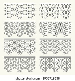 Set of black seamless borders, line patterns. Tribal ethnic arabic, indian decorative ornaments, fashion lace collection. Isolated design elements for headline, banners, wedding invitation cards