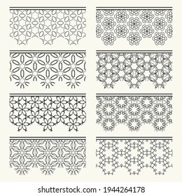 Set of black seamless borders, line patterns. Tribal ethnic arabic, indian decorative ornaments, fashion lace collection. Isolated design elements for headline, banners, wedding invitation cards