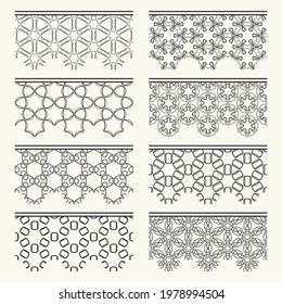 Set of black seamless borders, line patterns. Tribal ethnic arabic, indian decorative ornaments, fashion lace collection. Isolated design elements for headline, banners, wedding invitation cards