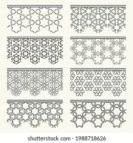 Satz von schwarzen, nahtlosen Rändern, Zeilenmustern. Ethnische arabische Stämme, indische Ziergegenstände, Modespitzensammlung. Einzige Design-Elemente für Schlagzeilen, Banner, Einladungskarten für Hochzeiten