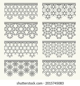 Set of black seamless borders, line patterns. Tribal ethnic arabic, indian decorative ornaments, fashion lace collection. Isolated design elements for headline, banners, wedding invitation cards
