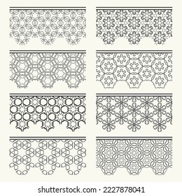 Set of black seamless borders, line patterns. Tribal ethnic arabic, indian decorative ornaments, fashion lace collection. Isolated design elements for headline, banners, wedding invitation cards