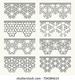 Set of black seamless borders, line patterns. Tribal ethnic arabic, indian decorative ornaments, fashion lace collection. Isolated design elements for headline, banners, wedding invitation cards