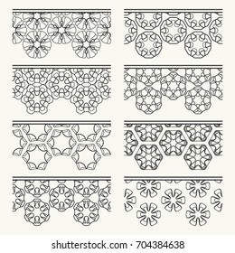 Set of black seamless borders, line patterns. Tribal ethnic arabic, indian decorative ornaments, fashion lace collection. Isolated design elements for headline, banners, wedding invitation cards
