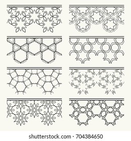 Set of black seamless borders, line patterns. Tribal ethnic arabic, indian decorative ornaments, fashion lace collection. Isolated design elements for headline, banners, wedding invitation cards
