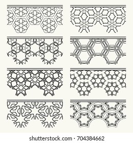 Set of black seamless borders, line patterns. Tribal ethnic arabic, indian decorative ornaments, fashion lace collection. Isolated design elements for headline, banners, wedding invitation cards