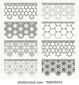 Set of black seamless borders, line patterns. Tribal ethnic arabic, indian decorative ornaments, fashion lace collection. Isolated design elements for headline, banners, wedding invitation cards