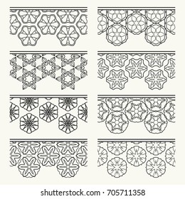 Set of black seamless borders, line patterns. Tribal ethnic arabic, indian decorative ornaments, fashion lace collection. Isolated design elements for headline, banners, wedding invitation cards