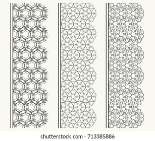 Set of black seamless borders, line patterns. Tribal ethnic arabic, indian decorative ornaments, fashion lace collection. Isolated design elements for headline, banners, wedding invitation cards