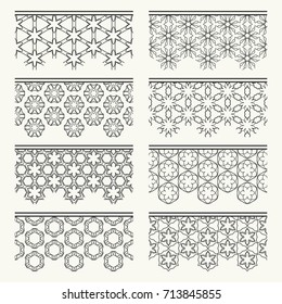 Set of black seamless borders, line patterns. Tribal ethnic arabic, indian decorative ornaments, fashion lace collection. Isolated design elements for headline, banners, wedding invitation cards