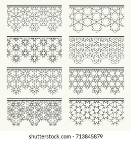 Set of black seamless borders, line patterns. Tribal ethnic arabic, indian decorative ornaments, fashion lace collection. Isolated design elements for headline, banners, wedding invitation cards