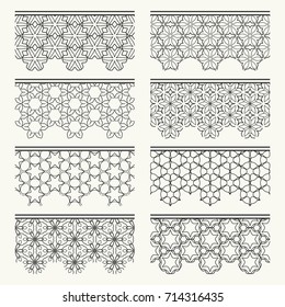 Set of black seamless borders, line patterns. Tribal ethnic arabic, indian decorative ornaments, fashion lace collection. Isolated design elements for headline, banners, wedding invitation cards