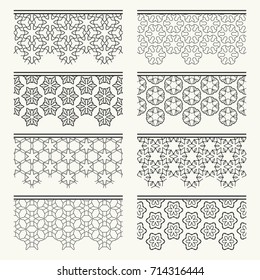 Set of black seamless borders, line patterns. Tribal ethnic arabic, indian decorative ornaments, fashion lace collection. Isolated design elements for headline, banners, wedding invitation cards