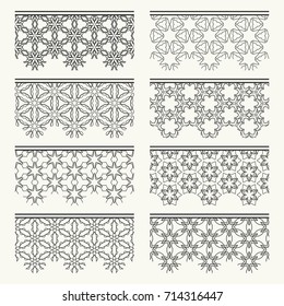 Set of black seamless borders, line patterns. Tribal ethnic arabic, indian decorative ornaments, fashion lace collection. Isolated design elements for headline, banners, wedding invitation cards