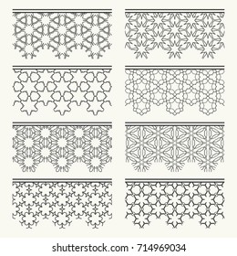 Set of black seamless borders, line patterns. Tribal ethnic arabic, indian decorative ornaments, fashion lace collection. Isolated design elements for headline, banners, wedding invitation cards