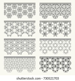 Set of black seamless borders, line patterns. Tribal ethnic arabic, indian decorative ornaments, fashion lace collection. Isolated design elements for headline, banners, wedding invitation cards