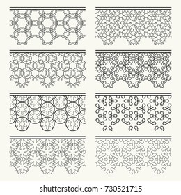 Set of black seamless borders, line patterns. Tribal ethnic arabic, indian decorative ornaments, fashion lace collection. Isolated design elements for headline, banners, wedding invitation cards