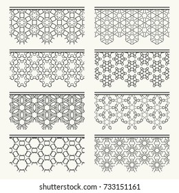 Set of black seamless borders, line patterns. Tribal ethnic arabic, indian decorative ornaments, fashion lace collection. Isolated design elements for headline, banners, wedding invitation cards