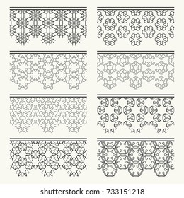Set of black seamless borders, line patterns. Tribal ethnic arabic, indian decorative ornaments, fashion lace collection. Isolated design elements for headline, banners, wedding invitation cards