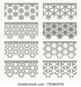 Set of black seamless borders, line patterns. Tribal ethnic arabic, indian decorative ornaments, fashion lace collection. Isolated design elements for headline, banners, wedding invitation cards
