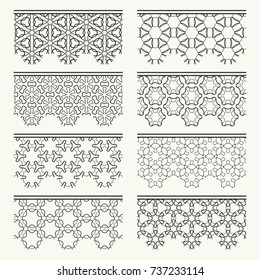 Set of black seamless borders, line patterns. Tribal ethnic arabic, indian decorative ornaments, fashion lace collection. Isolated design elements for headline, banners, wedding invitation cards