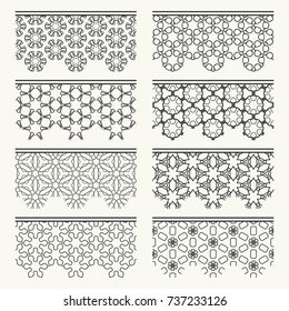 Set of black seamless borders, line patterns. Tribal ethnic arabic, indian decorative ornaments, fashion lace collection. Isolated design elements for headline, banners, wedding invitation cards