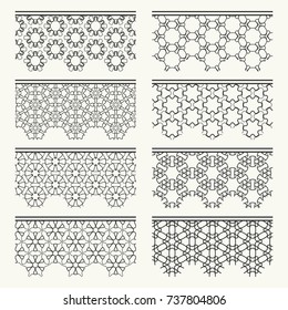 Set of black seamless borders, line patterns. Tribal ethnic arabic, indian decorative ornaments, fashion lace collection. Isolated design elements for headline, banners, wedding invitation cards