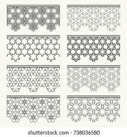 Set of black seamless borders, line patterns. Tribal ethnic arabic, indian decorative ornaments, fashion lace collection. Isolated design elements for headline, banners, wedding invitation cards