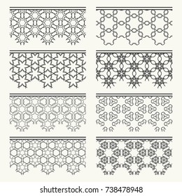 Set of black seamless borders, line patterns. Tribal ethnic arabic, indian decorative ornaments, fashion lace collection. Isolated design elements for headline, banners, wedding invitation cards