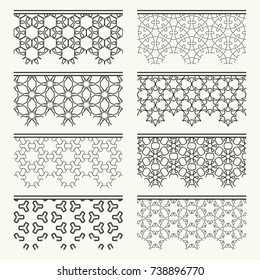 Set of black seamless borders, line patterns. Tribal ethnic arabic, indian decorative ornaments, fashion lace collection. Isolated design elements for headline, banners, wedding invitation cards