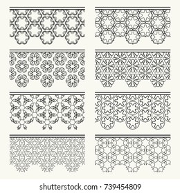 Set of black seamless borders, line patterns. Tribal ethnic arabic, indian decorative ornaments, fashion lace collection. Isolated design elements for headline, banners, wedding invitation cards