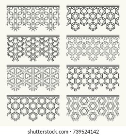 Set of black seamless borders, line patterns. Tribal ethnic arabic, indian decorative ornaments, fashion lace collection. Isolated design elements for headline, banners, wedding invitation cards
