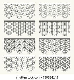 Set of black seamless borders, line patterns. Tribal ethnic arabic, indian decorative ornaments, fashion lace collection. Isolated design elements for headline, banners, wedding invitation cards